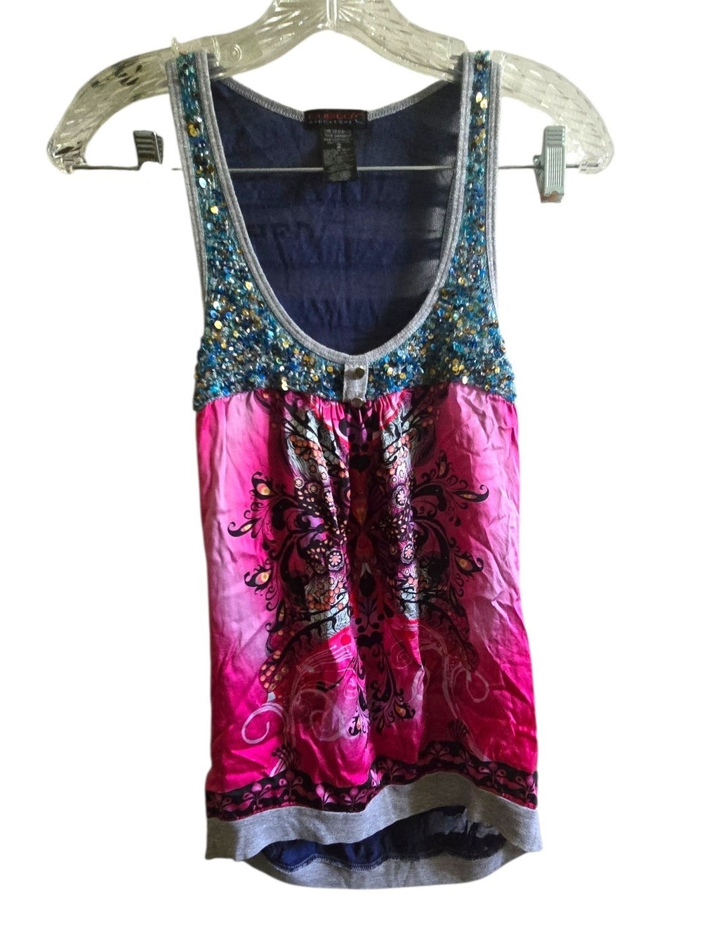 Custo Barcelona Y2K Silk Blend Sequin Tank Top - Pink Butterfly Print